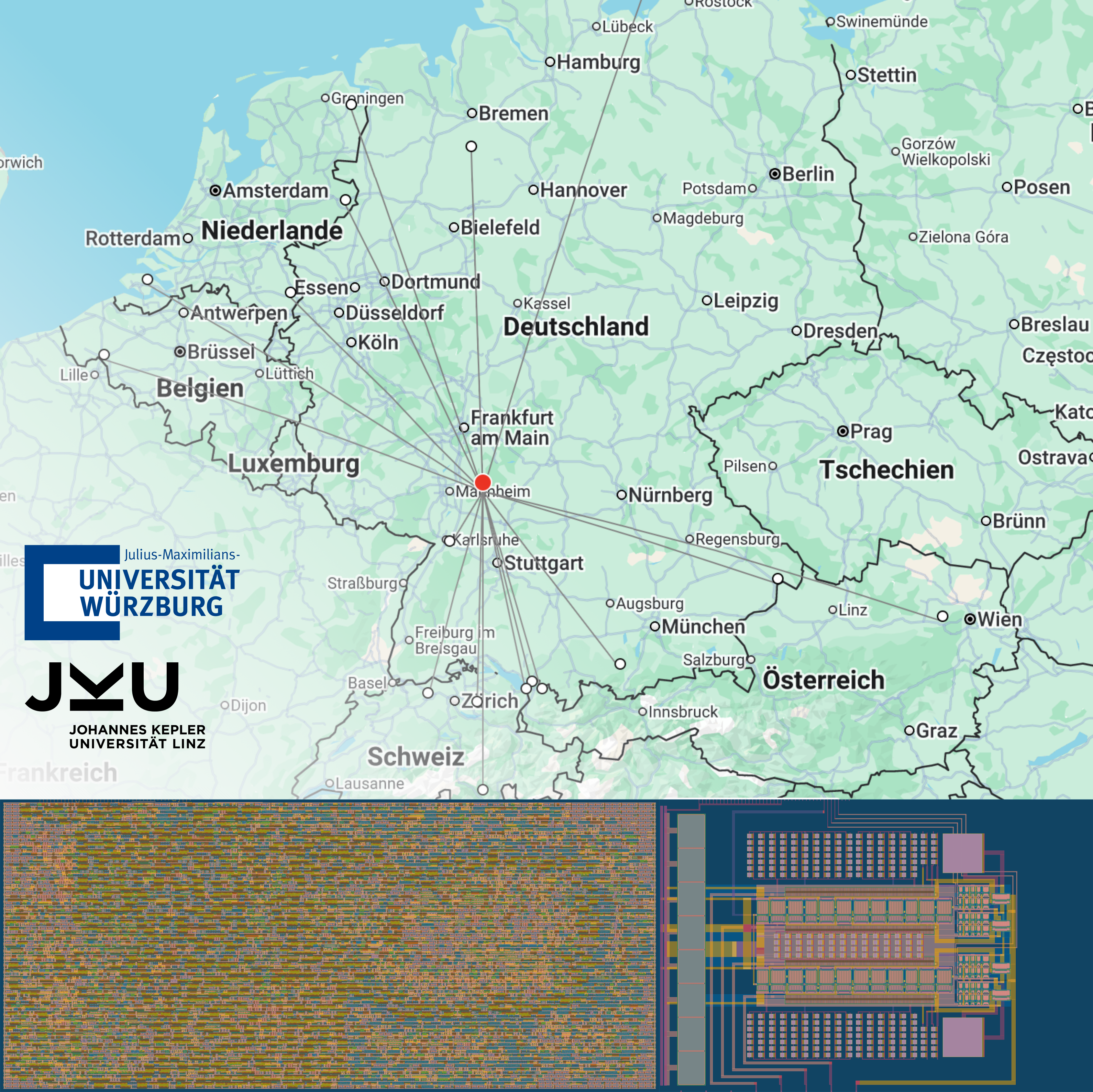 Map of WSPR-Propagation over Europe. Logos of Universities, Chip-Foto of Digital and Analog Design.